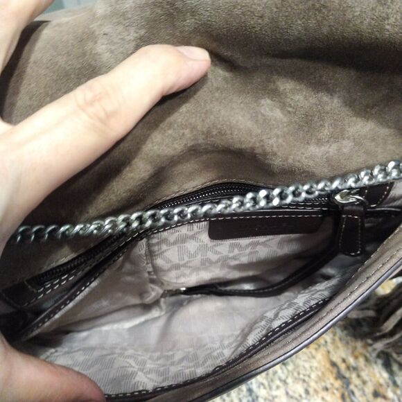 Michael Kors Elyse Suede Leather Saddle Brown Dune Crossbody Bag Purse Handbag - Picture 6 of 9